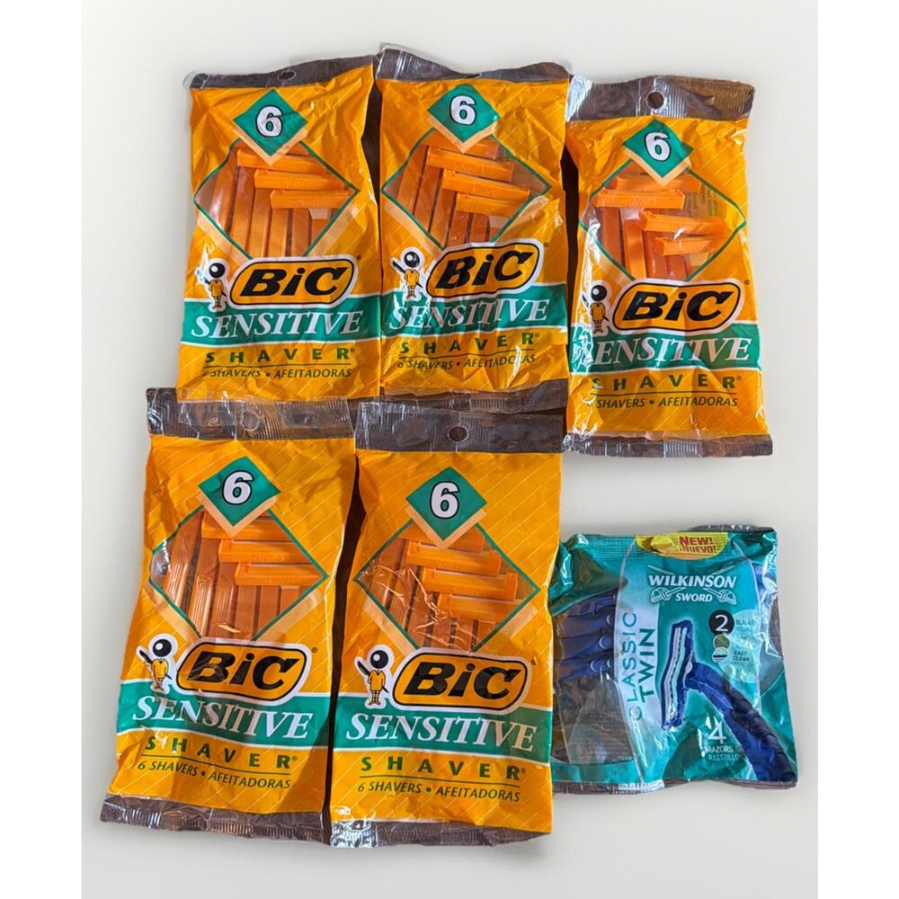 Lot of 32 BIC Sensitive Disposable Razors + 4 Bonus Wilkinson Classic Twin Razor